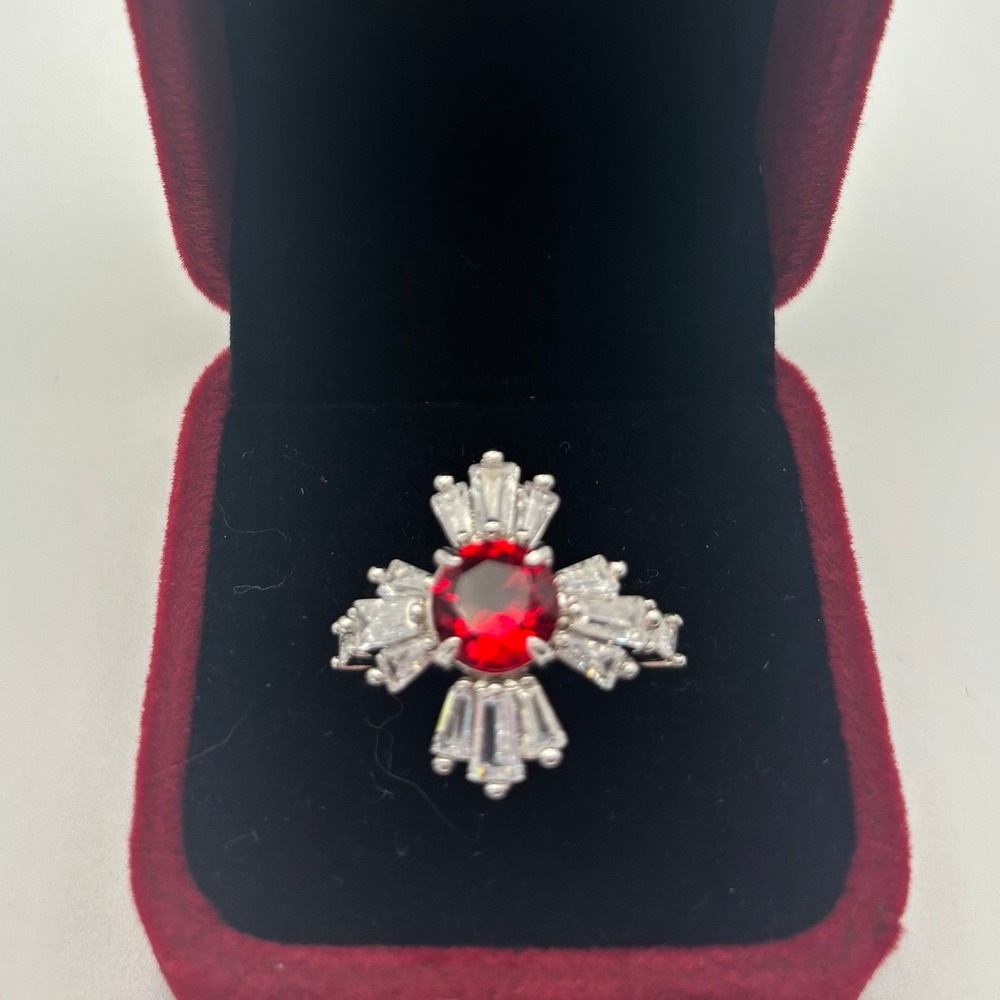 Bomb Party Red Stone Sunburst Cocktail Ring Silver Tone Size 7